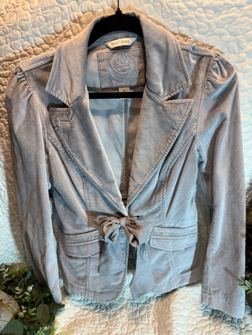 White House Black Market Light Gray Tie-Front Velvet Blazer